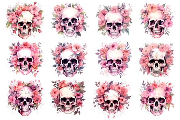 Halloween Watercolor Pink Skull with floral Sublimation Clipart PNG Bundle
