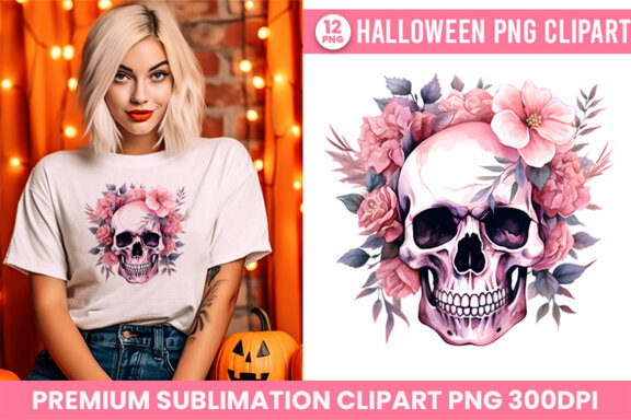 Halloween Watercolor Pink Skull with floral Sublimation Clipart PNG Bundle