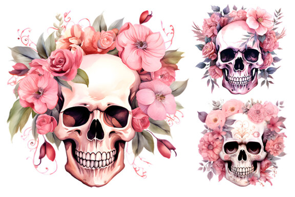 Halloween Watercolor Pink Skull with floral Sublimation Clipart PNG Bundle