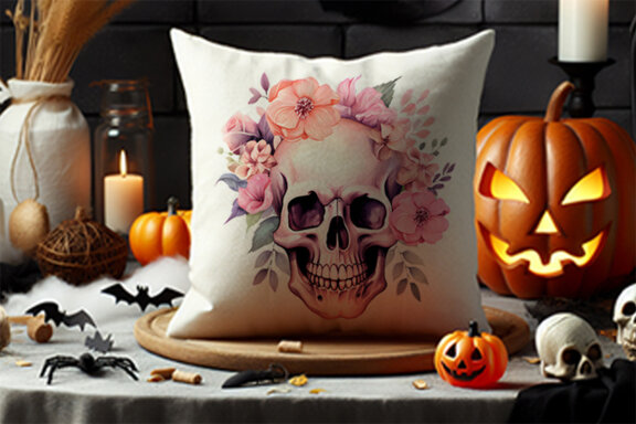 Halloween Watercolor Pink Skull with floral Sublimation Clipart PNG Bundle