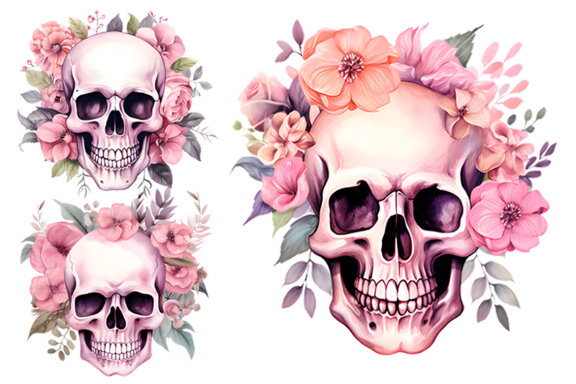 Halloween Watercolor Pink Skull with floral Sublimation Clipart PNG Bundle