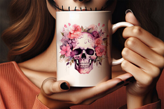 Halloween Watercolor Pink Skull with floral Sublimation Clipart PNG Bundle