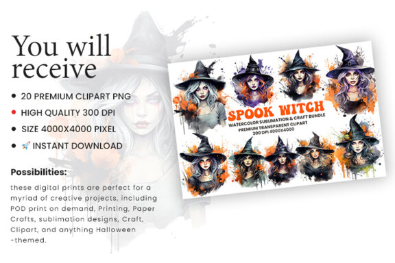 Watercolor Halloween Spooky Witch Sublimation Clipart PNG Bundle
