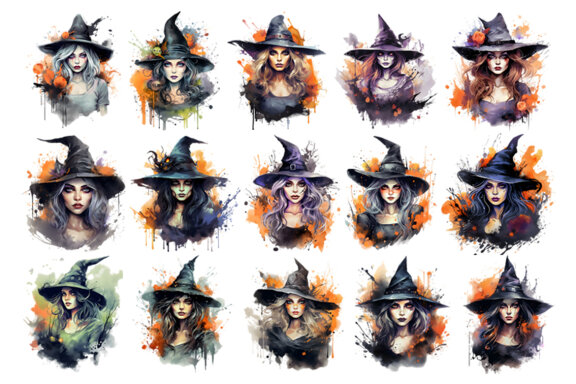 Watercolor Halloween Spooky Witch Sublimation Clipart PNG Bundle