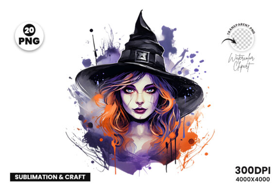 Watercolor Halloween Spooky Witch Sublimation Clipart PNG Bundle