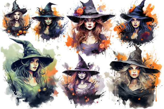 Watercolor Halloween Spooky Witch Sublimation Clipart PNG Bundle