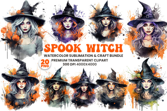 Watercolor Halloween Spooky Witch Sublimation Clipart PNG Bundle