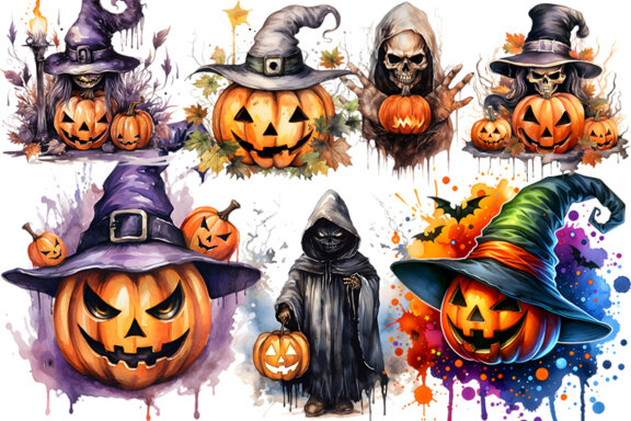 Watercolor Halloween Sublimation Clipart PNG Bundle