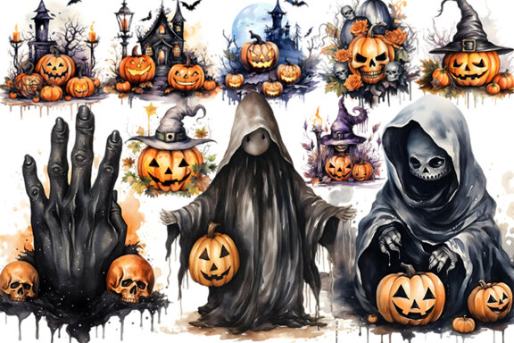 Watercolor Halloween Sublimation Clipart PNG Bundle