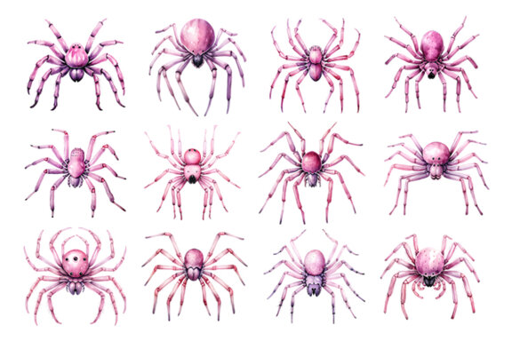 Halloween Watercolor Pink Spider Sublimation Clipart PNG Bundle