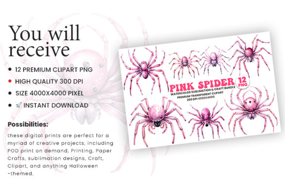 Halloween Watercolor Pink Spider Sublimation Clipart PNG Bundle