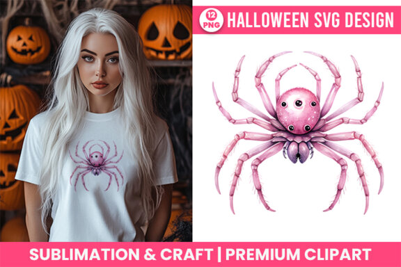 Halloween Watercolor Pink Spider Sublimation Clipart PNG Bundle