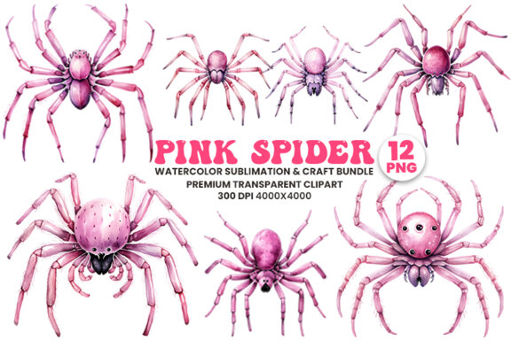 Halloween Watercolor Pink Spider Sublimation Clipart PNG Bundle