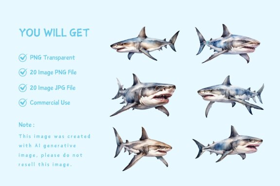 collection of watercolor shark illustration