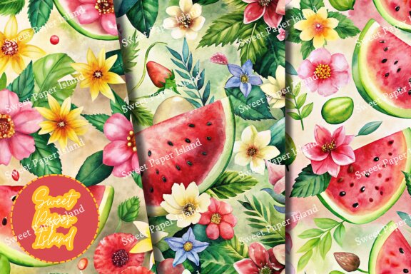 Pack Of 6 Digital Papers - Watermelon Garden In Watercolors
