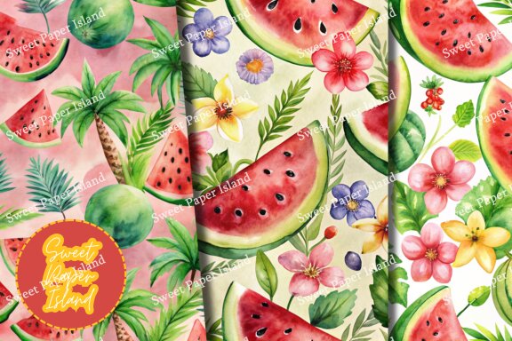 Pack Of 6 Digital Papers - Watermelon Garden In Watercolors