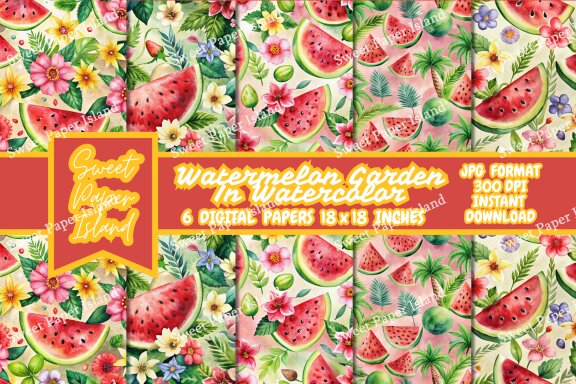 Pack Of 6 Digital Papers - Watermelon Garden In Watercolors
