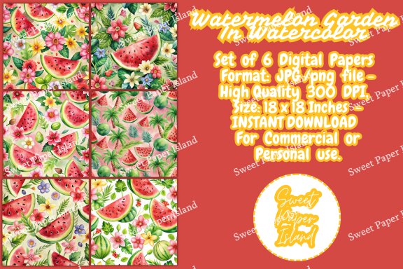 Pack Of 6 Digital Papers - Watermelon Garden In Watercolors