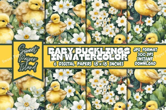 Pack Of 6 Digital Papers - Baby Ducklings In Watercolor