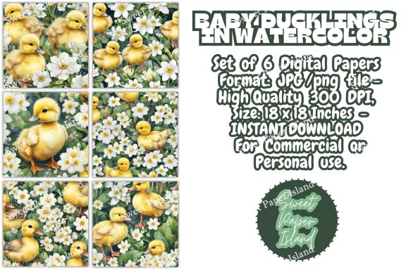 Pack Of 6 Digital Papers - Baby Ducklings In Watercolor