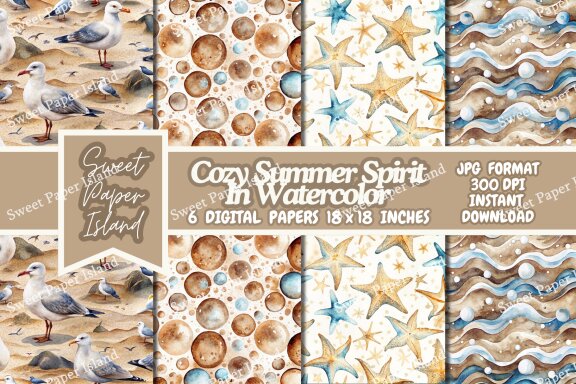 Pack Of 6 Digital Papers - Cozy Summer Spirit In Watercolor