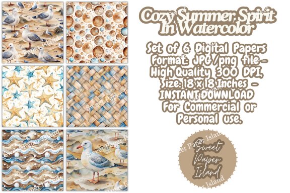 Pack Of 6 Digital Papers - Cozy Summer Spirit In Watercolor