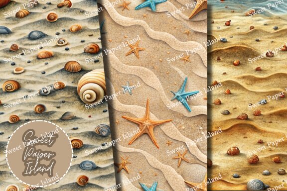 Pack Of 6 Digital Papers - Magic of Sand, Snail, and Stars in Watercolor