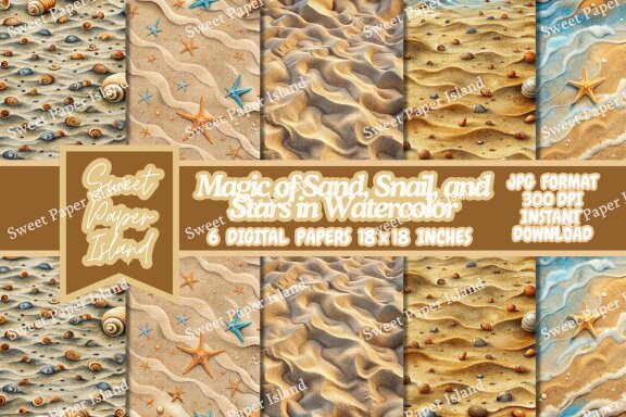 Pack Of 6 Digital Papers - Magic of Sand, Snail, and Stars in Watercolor
