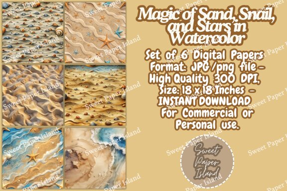 Pack Of 6 Digital Papers - Magic of Sand, Snail, and Stars in Watercolor