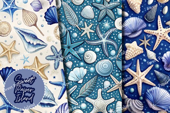 Pack Of 6 Digital Papers - Starfish Paradise In Watercolor 
