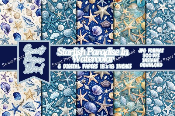 Pack Of 6 Digital Papers - Starfish Paradise In Watercolor 