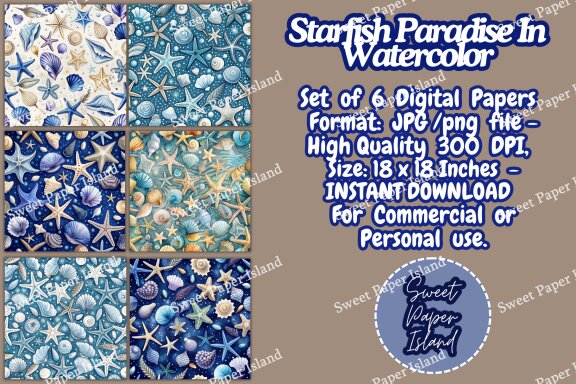 Pack Of 6 Digital Papers - Starfish Paradise In Watercolor 