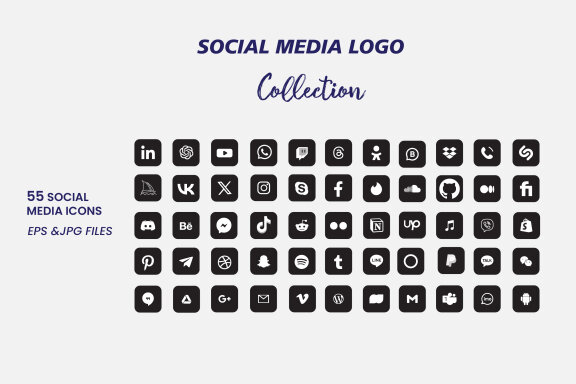 Black Square Social Media Icons Set