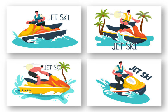 9 People Ride Jet Ski Illustration
