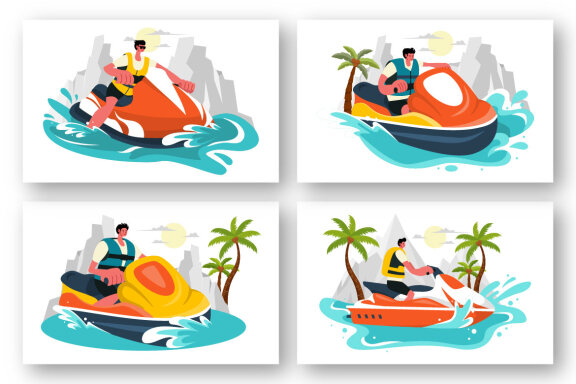9 People Ride Jet Ski Illustration