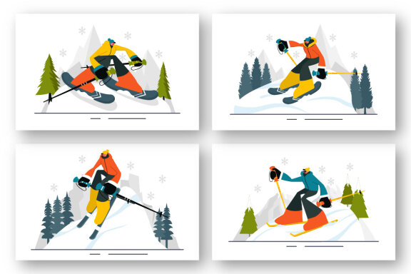 9 Skiing Winter Sport Activities Illustration