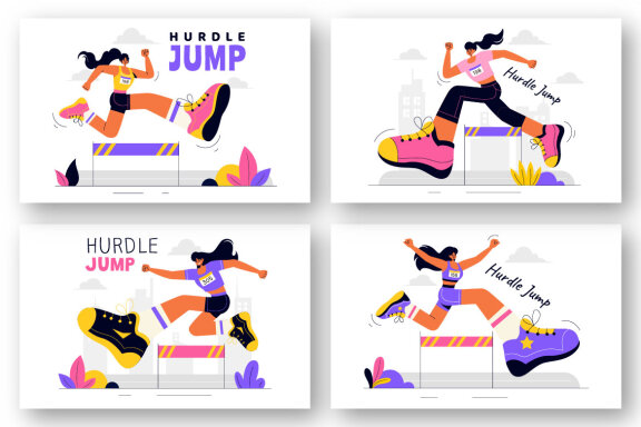 8 Hurdle Long Jump Sportsman Illustration