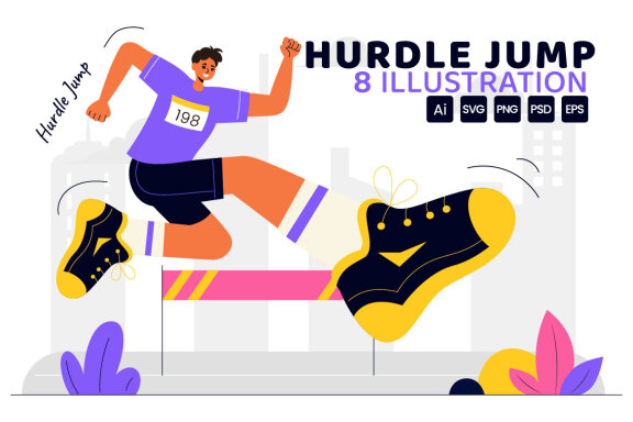 8 Hurdle Long Jump Sportsman Illustration