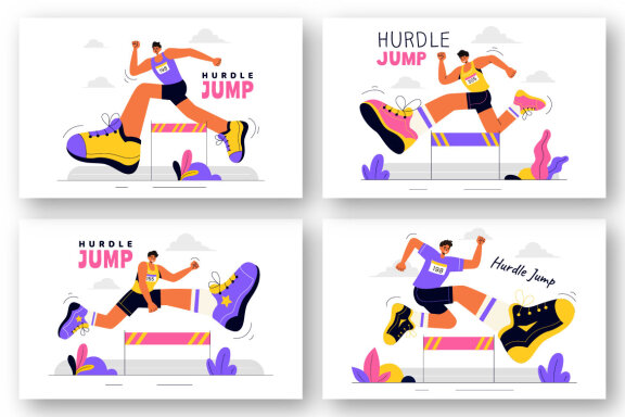 8 Hurdle Long Jump Sportsman Illustration