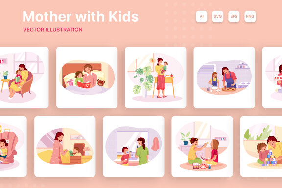 M271_ Mother with Kids Illustrations