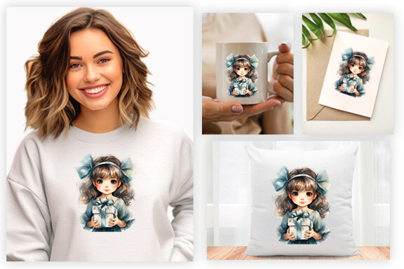 Watercolor Christmas Fairy hold a gift Sublimation Clipart PNG