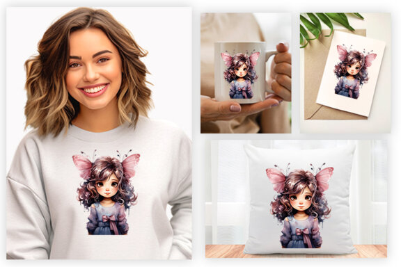 Watercolor Cute Butterfly Princess Sublimation Clipart PNG