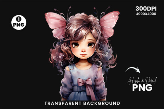 Watercolor Cute Butterfly Princess Sublimation Clipart PNG