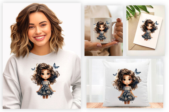 Watercolor Cute Butterfly Princess Sublimation Clipart PNG