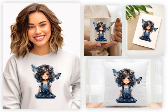 Watercolor Cute Butterfly Princess Sublimation Clipart PNG