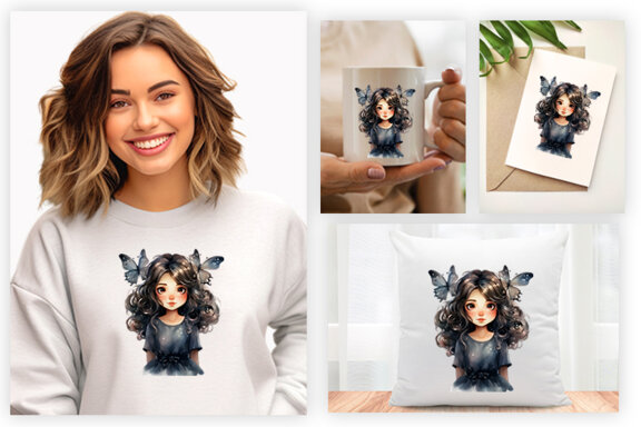 Watercolor Cute Butterfly Princess Sublimation Clipart PNG