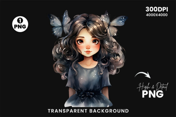 Watercolor Cute Butterfly Princess Sublimation Clipart PNG