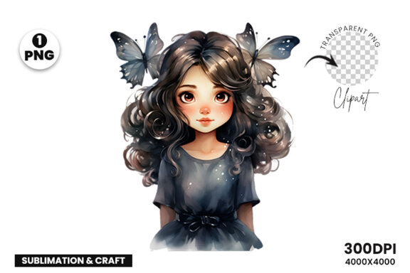 Watercolor Cute Butterfly Princess Sublimation Clipart PNG