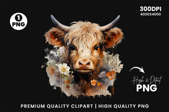 Watercolor Cute Baby Highland Cow Sublimation Clipart PNG