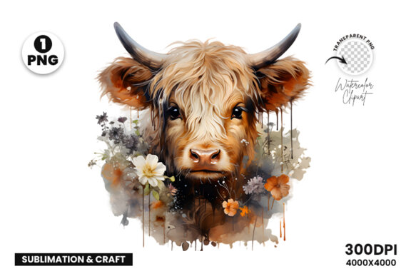 Watercolor Cute Baby Highland Cow Sublimation Clipart PNG
